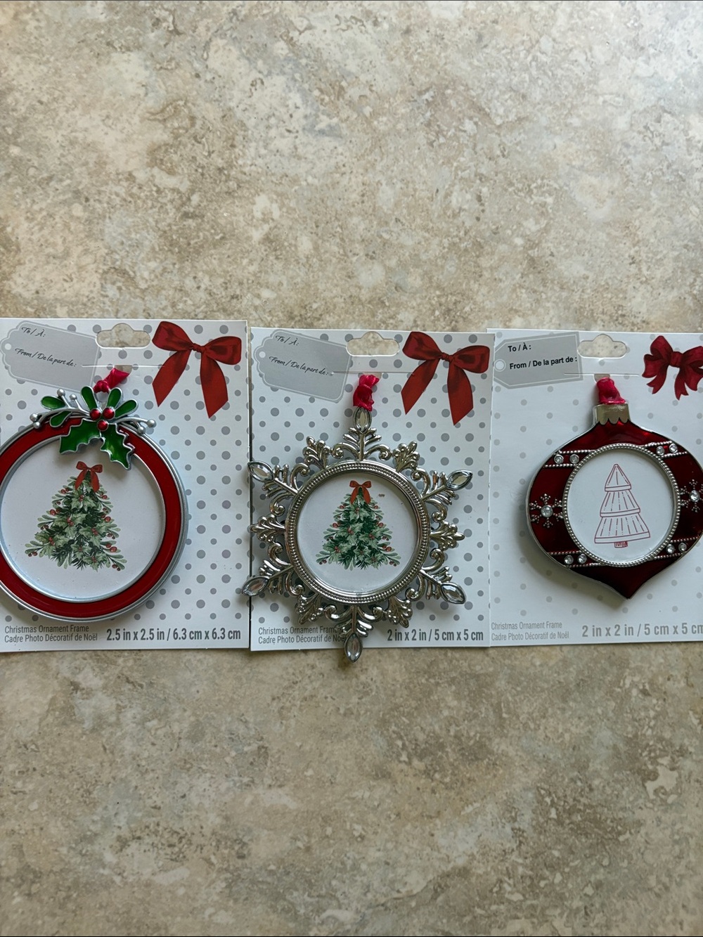 Holiday Christmas Three Ornament Photo Frames - Red and Silver